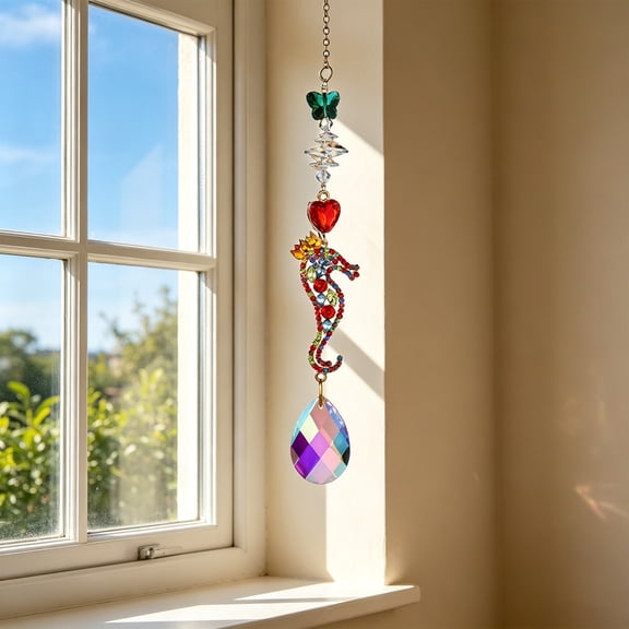 Natural Crystal Sun Catcher Wind Chime, Cat Seahorse Fish & Mini House Pendants, Rainbow Maker Window Hanging Ornament, Hanging Wind Chimes for Kids Room Balcony