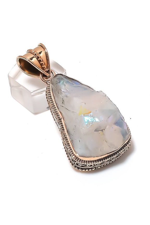 Natural Crystal Titanium Gemstone Handmade Copper Jewelry Pendant 2.21"