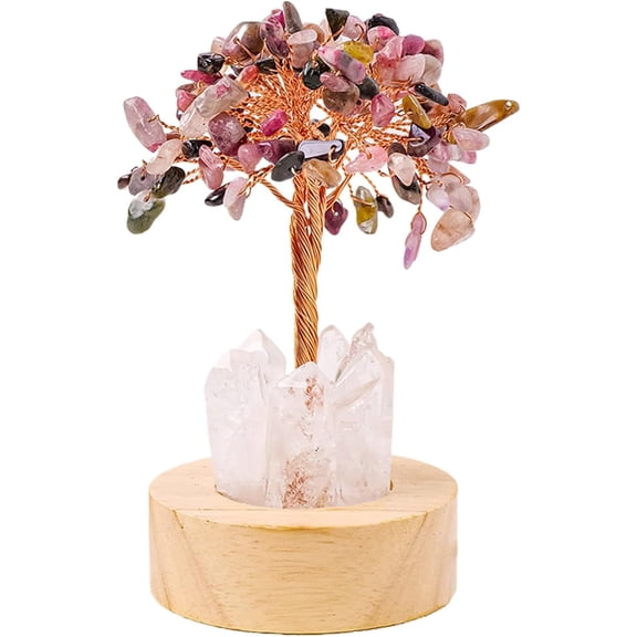 Natural Crystal Tree Night Light, Golden Lamp of Wealth,Wealth Lamp Natural Crystal, Vintage Retro LED Night Lamps, USB Plug Light with Wooden Base, for Office, Living Room, Bedroom