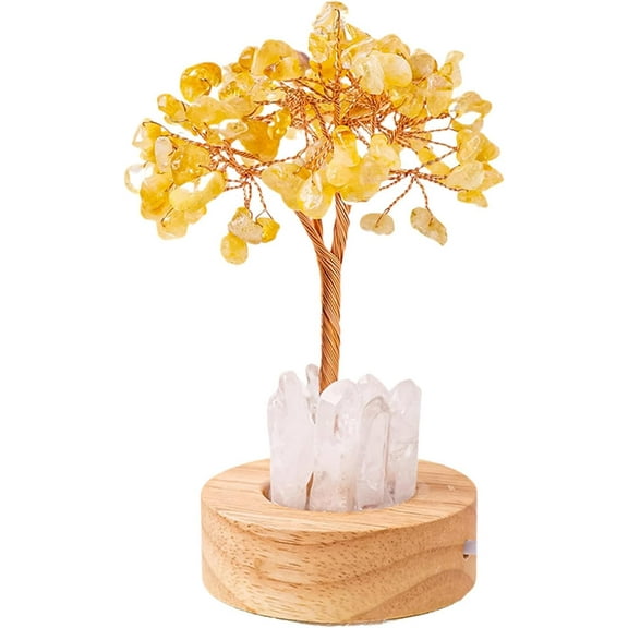 Natural Crystal Tree Night Light, Golden Lamp of Wealth,Wealth Lamp Natural Crystal, Vintage Retro LED Night Lamps, USB Plug Light with Wooden Base, for Office, Living Room, Bedroom