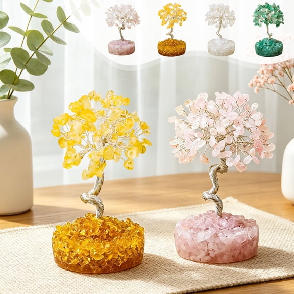 Natural Crystal Wealth Tree Ornament, Stones Money Tree With Gravel Base, Fortunate Feng Shui Decor, Desktop Office Happiness Decoration, Handcrafted Gift for Living Room Bedroom Shelf, Pink