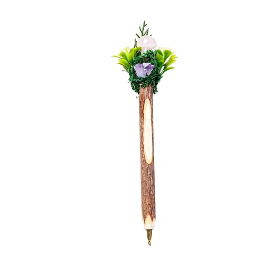 Natural Crystal Wooden Forest Round Ballpoint Pen with Amethyst Tooth, Handmade Wood Pen for Journaling, Office, and Daily Writing, Elegant Business Style