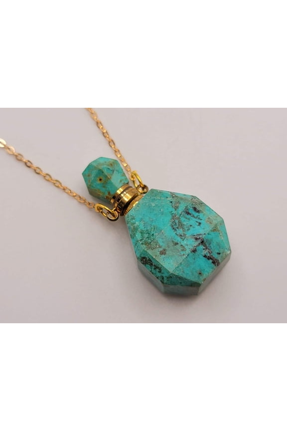 Natural Crystal perfume Bottle Necklace Amazonite Gold Tone