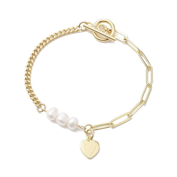 Natural Cultured Freshwater Pearl Beads Paperclip Chains Heart Charm Bracelets with Toggle Clasps for Women Golden 7-5/8 inch(19.3cm) Pearl