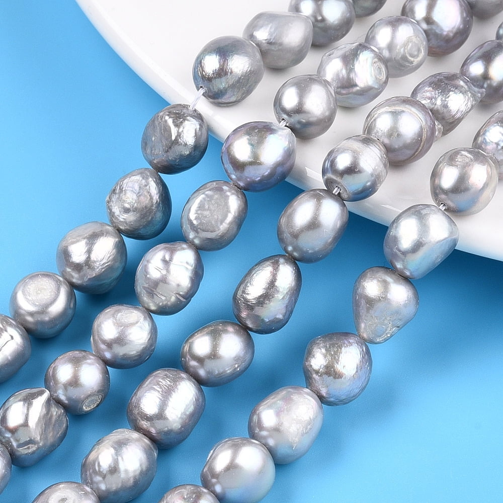 Natural Cultured Freshwater Pearl Beads Strands Baroque Pearls Keshi Pearl Beads Two Sides Polished Dyed Light Grey 8~14x9~12x9~11mm Hole: 0.7mm about 29~34pcs/strand 13.98~14.37 inch(35.5~36.5cm)