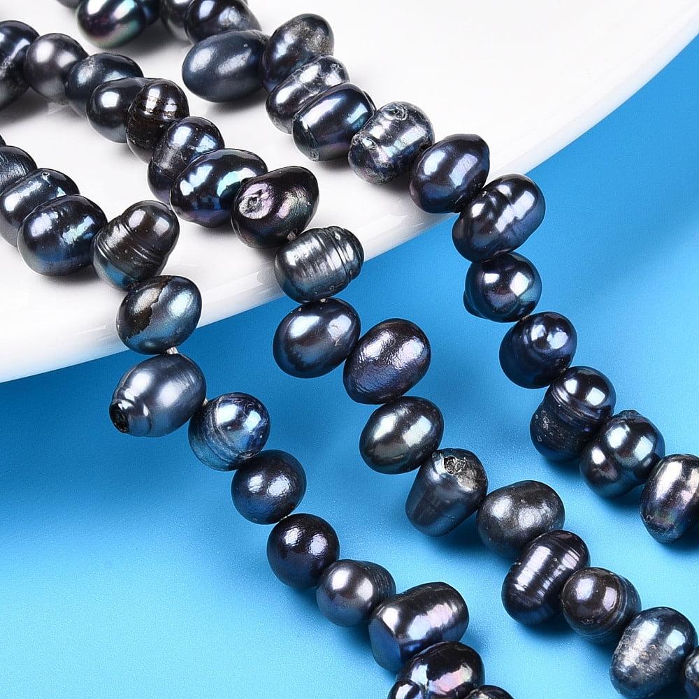Natural Cultured Freshwater Pearl Beads Strands Dyed Potato Top Drilled Marine Blue 6~12.5x5~6x5~6mm Hole: 0.6mm 62~64pcs/strand 13.78''(35cm)