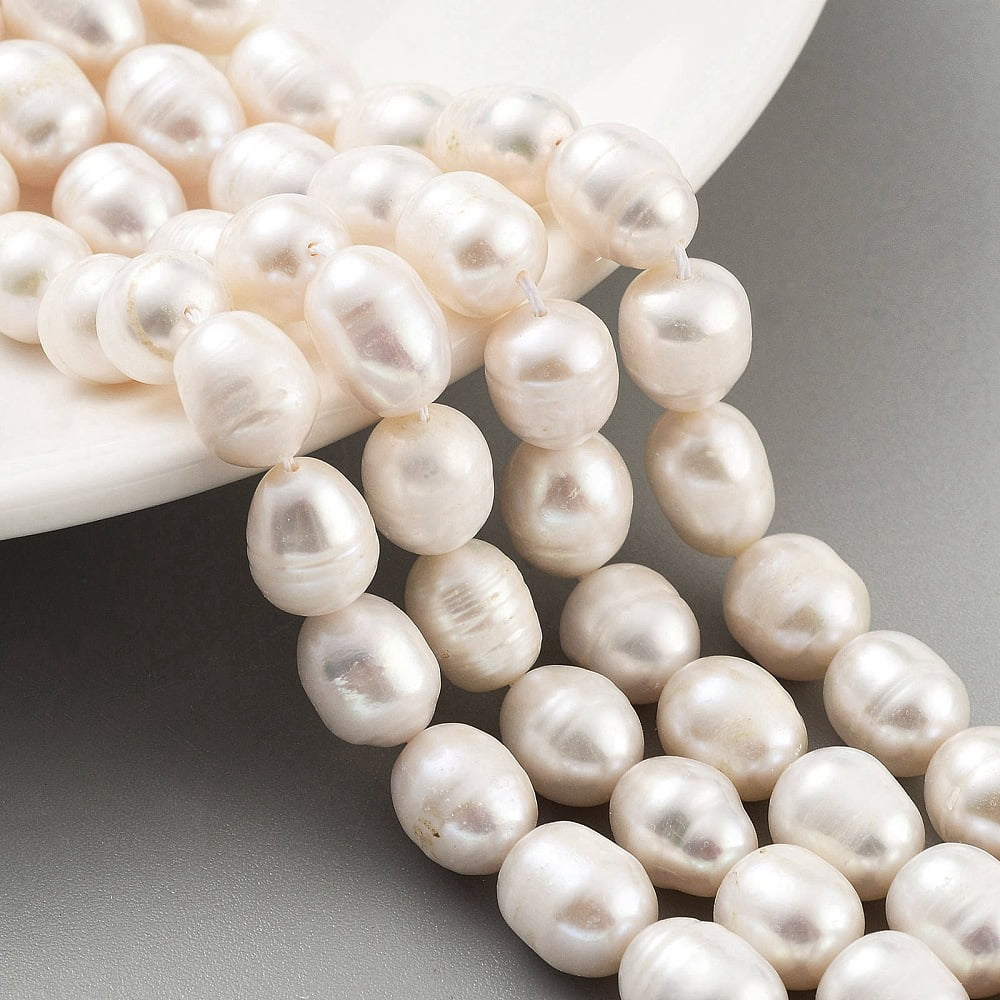 Natural Cultured Freshwater Pearl Beads Strands Grade A Rice Snow 9~10mm Hole: 0.6mm 19pcs/strand 6.69~6.89''(17~17.5cm) White