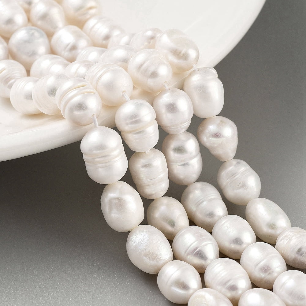 Natural Cultured Freshwater Pearl Beads Strands Grade AB Rice Snow 9~10mm Hole: 0.6mm 19pcs/strand 6.69~6.89''(17~17.5cm)