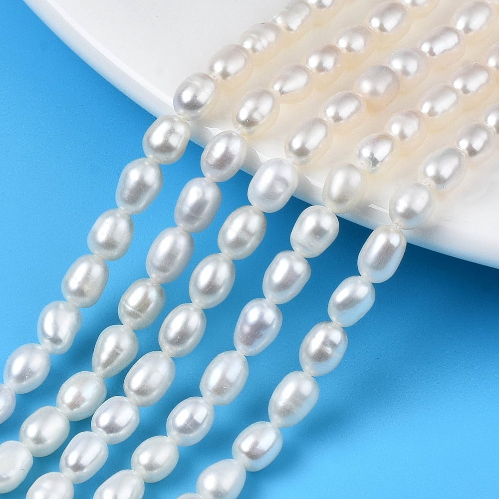 Natural Cultured Freshwater Pearl Beads Strands Rice Seashell Color 6~7.5x4.5~5mm Hole: 0.6mm about 51~52pcs/strand 13.78 inch(35cm)