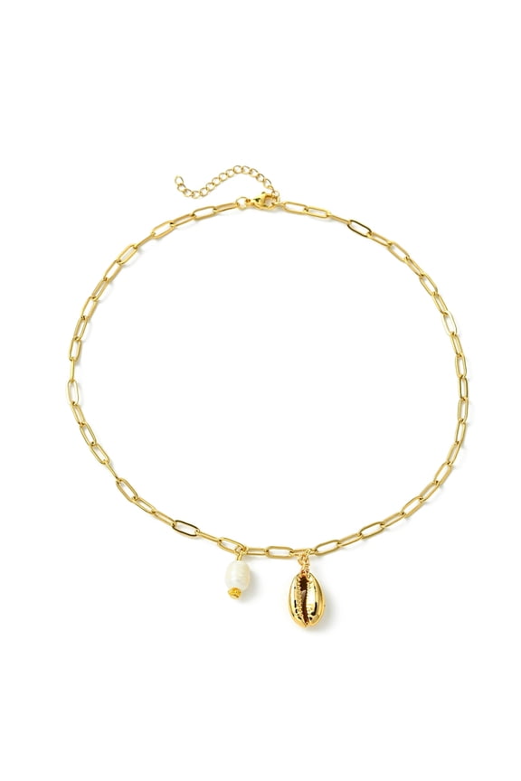 Natural Cultured Freshwater Pearl Necklaces Ion Plating(IP) 304 Stainless Steel Cable Chains and Shell Beads Oval Real 18K golden Plated 16.14 inch(41cm)