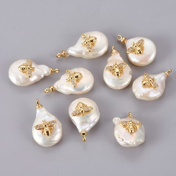 Natural Cultured Freshwater Pearl Pendants with Brass Cubic Zirconia Cabochons Long-Lasting Plated with Bees Real 18K golden Plated 11.5~18x15.5~23x5~8mm Hole: 1.4mm