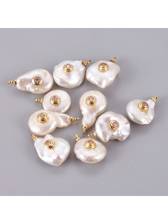 Natural Cultured Freshwater Pearl Pendants with Brass Micro Pave Cubic Zirconia Cabochons Long-Lasting Plated Real 18K Gold Plated Pink