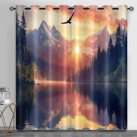 Natural Curtains & Drapes, Sunset Lake Blackout Curtains for Bedroom, Forest Window Treatments, Room Darkening Grommet Drapes for Living Room-42"W x 45"L (Pack of 2)
