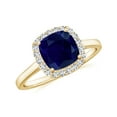 thumbnail image 1 of Natural Cushion Shaped Blue Sapphire Halo Engagement Ring with Moissanite in Yellow Gold Plated/ 925 Sterling Silver| Teardrop September Birthstone, Birthday, Anniversary, Wedding Jewelry, Ring Size 7, 1 of 4