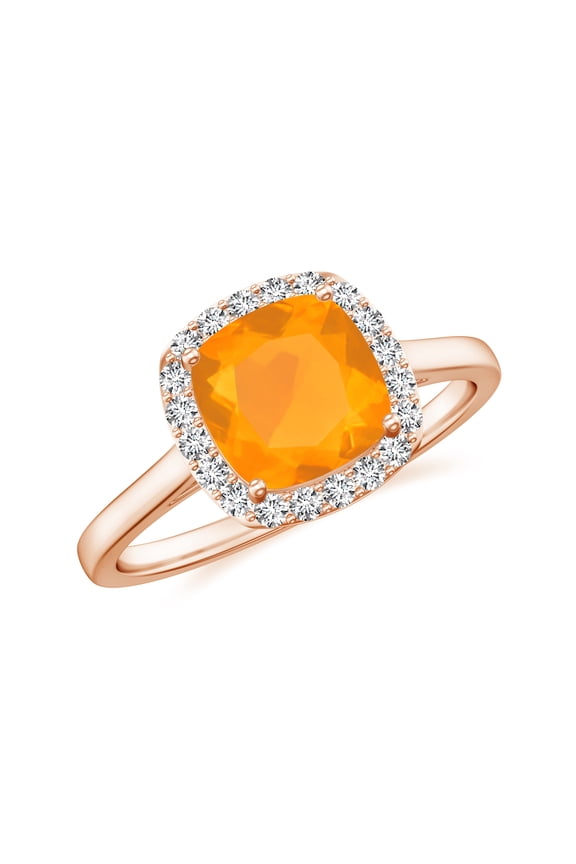 Natural Cushion Shaped Fire Opal Halo Engagement Ring with Moissanite in Rose Gold Plated/ 925 Sterling Silver| Teardrop October Birthstone, Birthday, Anniversary, Wedding Jewelry, Ring Size 7