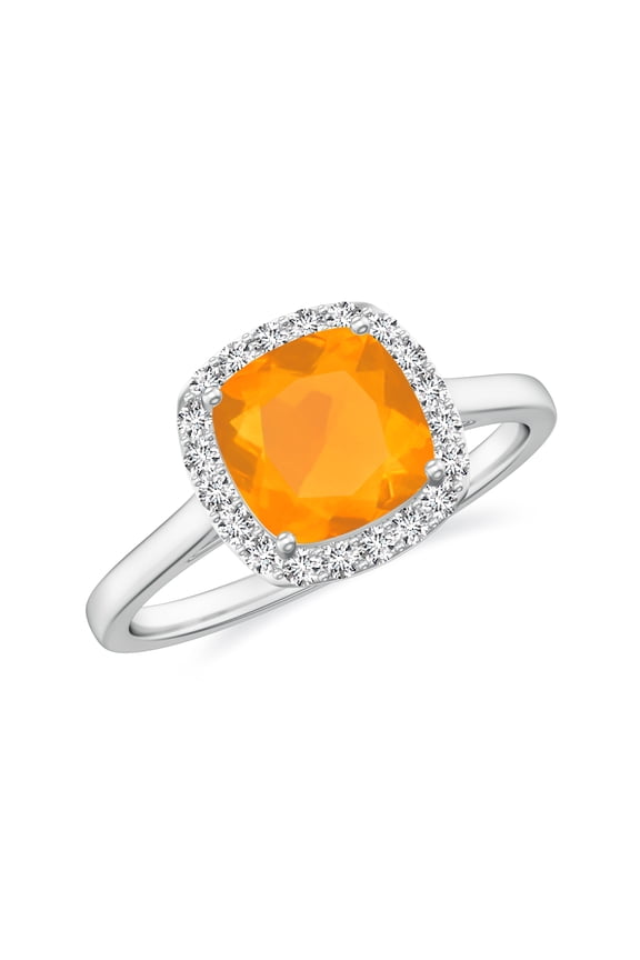 Natural Cushion Shaped Fire Opal Halo Engagement Ring with Moissanite in White Gold Plated/ 925 Sterling Silver| Teardrop October Birthstone, Birthday, Anniversary, Wedding Jewelry, Ring Size 9
