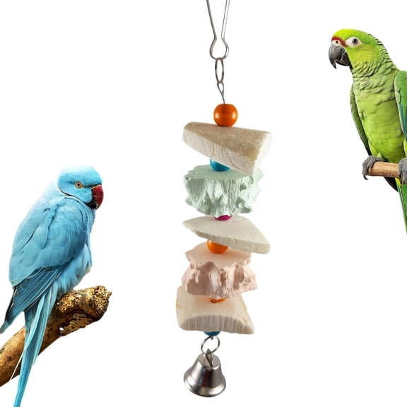 Natural Cuttlebone Bird Toys for Parakeets & Conures, Calcium Rich Beak Grinder with Wooden Beads & Bell, Safe Chewing Supplies for Indoor Cages (K)