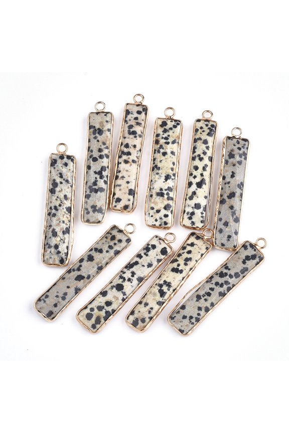 Natural Dalmatian Jasper Pendants with Brass Findings Faceted Rectangle Golden 46.5x10x5mm Hole: 2mm
