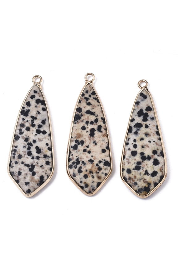 Natural Dalmatian Jasper Pendants with Light golden Plated Brass Edge and Loop Teardrop 49x18x4.5mm Hole: 2.5mm