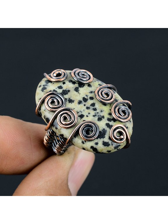 Natural Dalmatian Obsidian Gemstone Copper Wire Wrap Gift Ring Size 8