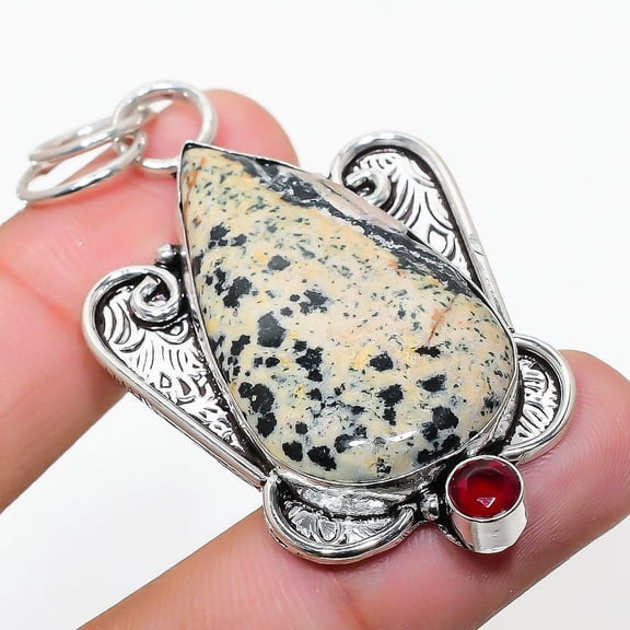 Natural Dalmation Jasper, Garnet Gemstone 925 Sterling Silver Pendant 2.36"
