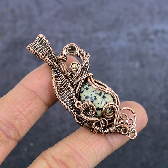 Natural Dalmation Jasper Gemstone Copper Eire Wrap Jewelry Pendant 2.76"