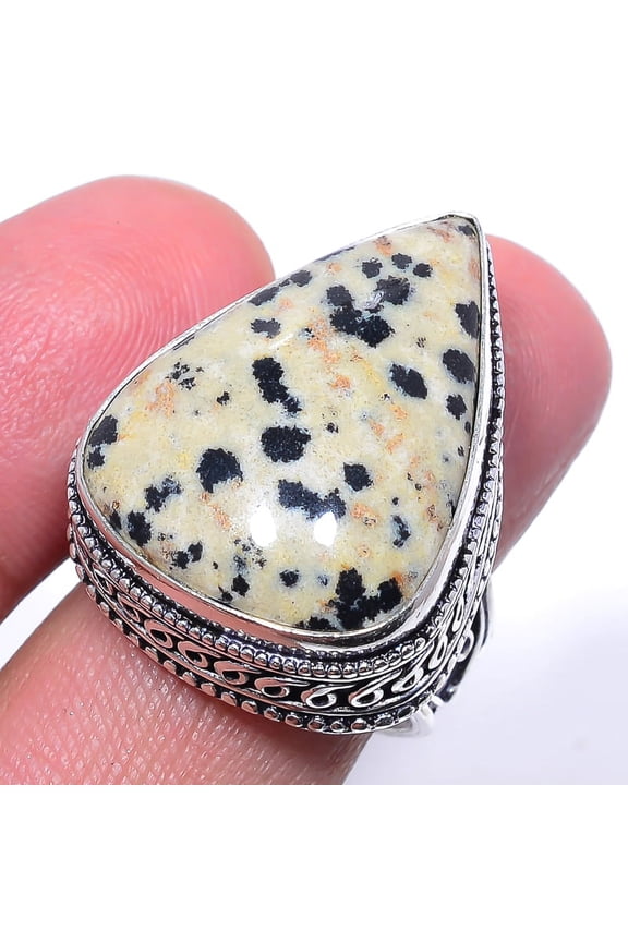 Natural Dalmation Jasper - Mexico 925 Sterling Silver Fine Art Ring Size 8.5|Handmade Ring, Gift for her, Gray Ring, Gemstone Silver Jewelry