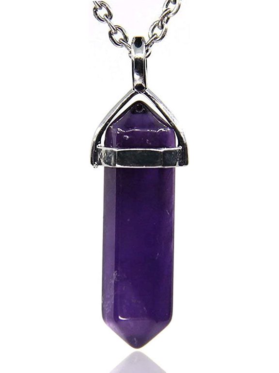 Natural Dark Amethyst Gemstone Hexagonal Pointed Reiki Chakra Pendant Necklace 20"