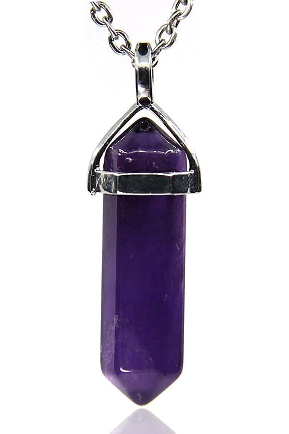 Natural Dark Amethyst Gemstone Hexagonal Pointed Reiki Chakra Pendant Necklace 20"