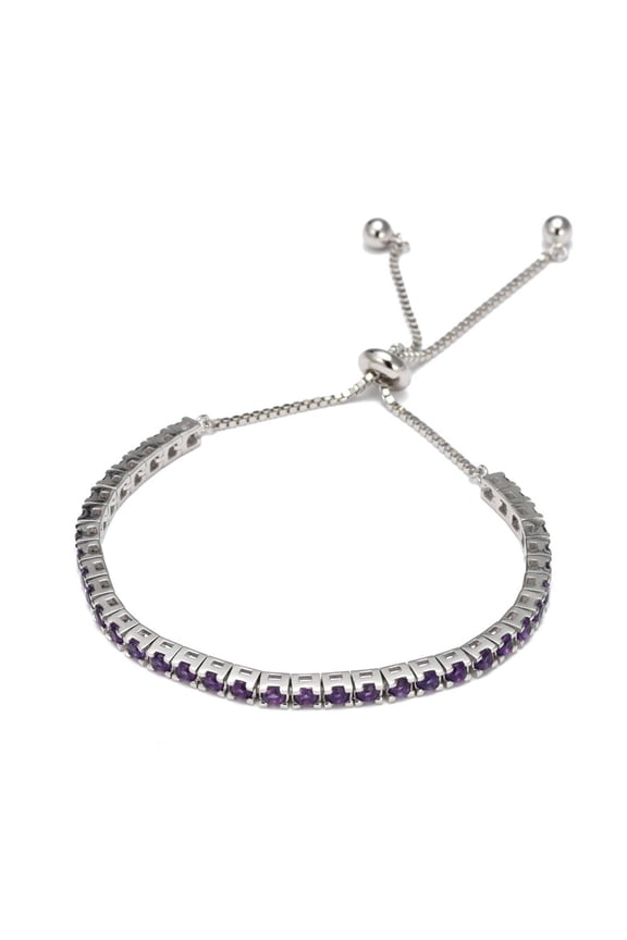 Natural Dark Amethyst Tennis Bolo Bracelet in Rhodium Sterling Silver Jewelry - Purple Fashionable February Birthstone Bracelets For Women