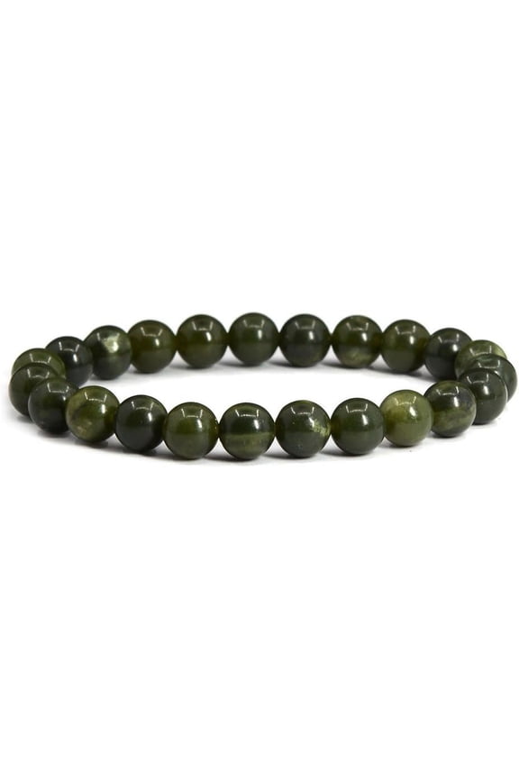 Natural Dark Green Nephrite Jade 8mm Round Shape Smooth Cut Beads Stretchable Bracelet for Men & Women.