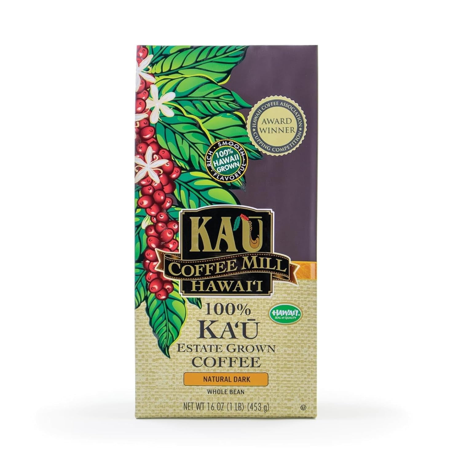 Natural Dark Whole Bean Ka'u Coffee (16 Ounce), 100 Hawaiian Award