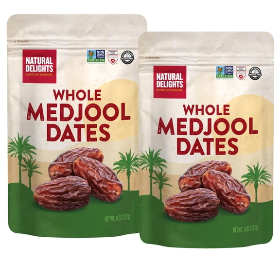Natural Delights Medjool Dates Whole - Non-GMO Verified Fruit, Good Source of Fiber & Potassium, Naturally Sweet, Snack for On-the-Go, Large & Plump Dates - 8 oz Pouch (P