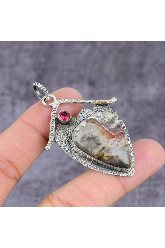 Natural Dendrite Jasper, Kunzite Gemstone 925 Sterling Silver Pendant 2.27"