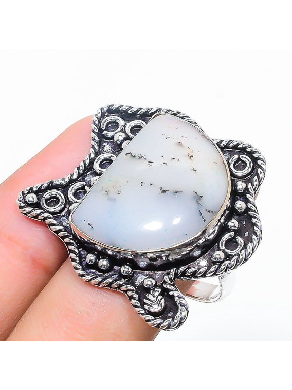 Natural Dendrite Opal Gemstone 925 Sterling Silver Gift Ring Size 9.5