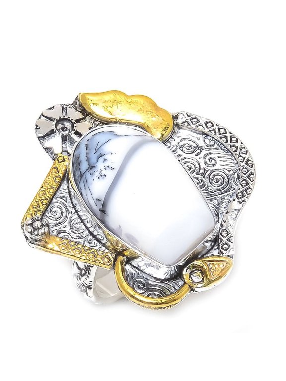 Natural Dendrite Opal Gemstone 925 Sterling Silver Two Tone Ring Size 9
