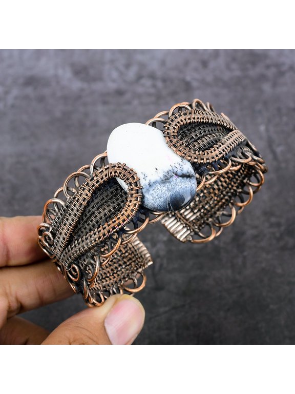 Natural Dendrite Opal Gemstone Copper Wire Wrap Cuff Bangle Adjustable