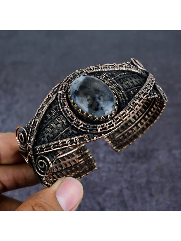 Natural Dendrite Opal Gemstone Copper Wire Wrap Cuff Bangle Adjustable
