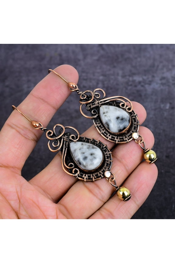 Natural Dendrite Opal Gemstone Copper Wire Wrap Jewelry Earring 3.43"
