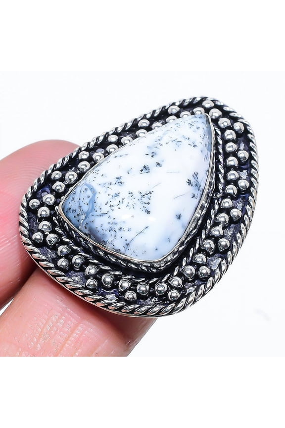 Natural Dendrite Opal Gemstone Handmade 925 Sterling Silver Ring Size 9