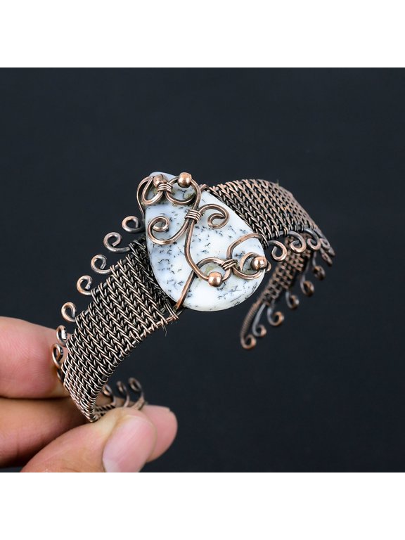 Natural Dendrite Opal Gemstone Handmade Copper Wire Wrap Bangle Adjustable