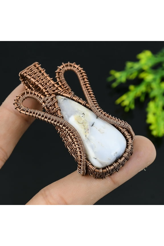 Natural Dendrite Opal Gemstone Handmade Copper Wire Wrap Pendant 2.25