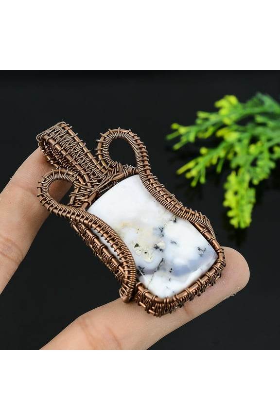 Natural Dendrite Opal Gemstone Handmade Copper Wire Wrap Pendant 2.75