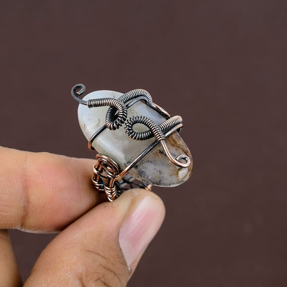 Natural Dendrite Opal Gemstone Handmade Copper Wire Wrap Ring Size 6