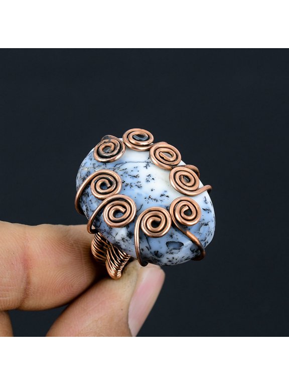 Natural Dendrite Opal Gemstone Handmade Copper Wire Wrap Ring Size 7