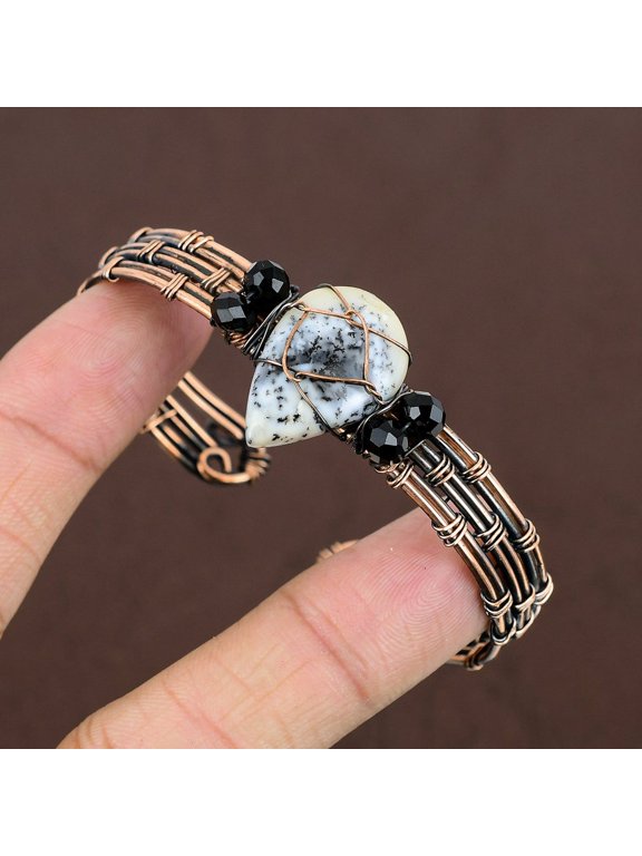 Natural Dendrite Opal Handmade Copper Wire Wrap Cuff Bangle Adjustable