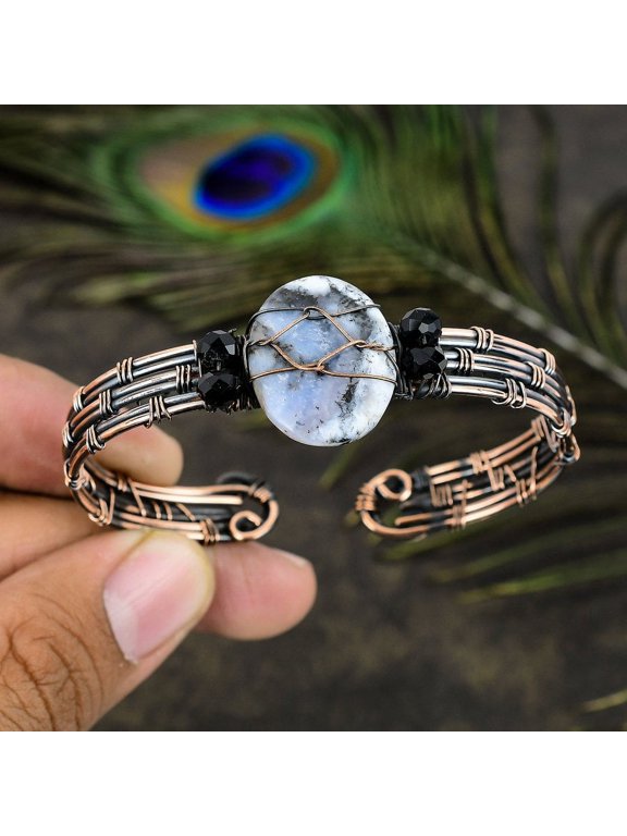 Natural Dendrite Opal Handmade Copper Wire Wrap Cuff Bangle Adjustable