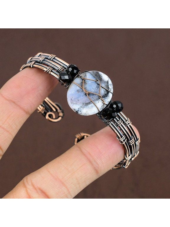 Natural Dendrite Opal Handmade Copper Wire Wrap Cuff Bangle Adjustable