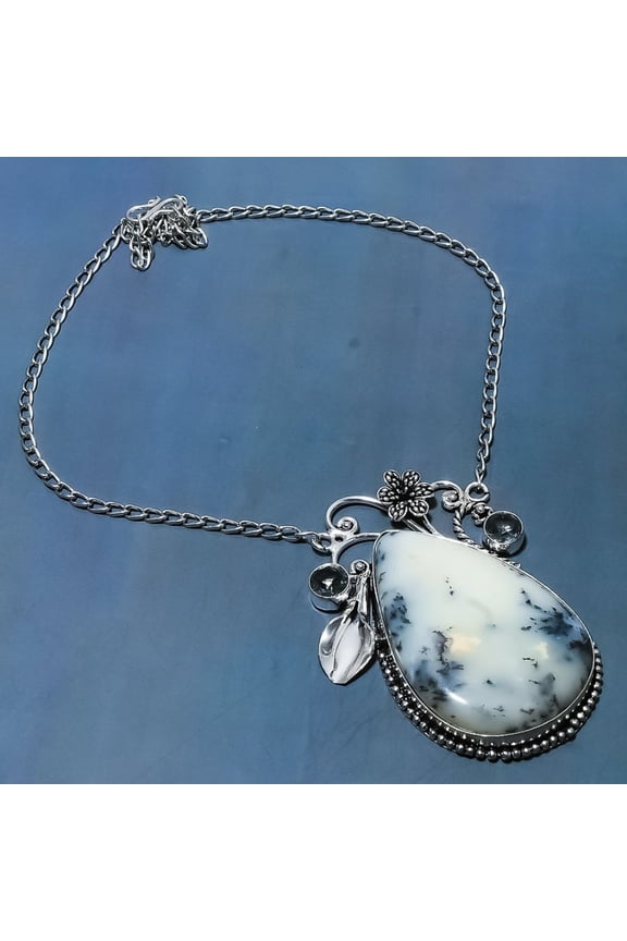 Natural Dendrite Opal, Iolite Gemstone 925 Sterling Silver Necklace 18"