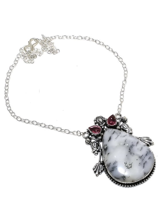 Natural Dendrite Opal, Kunzite Gemstone 925 Sterling Silver Necklace 18"